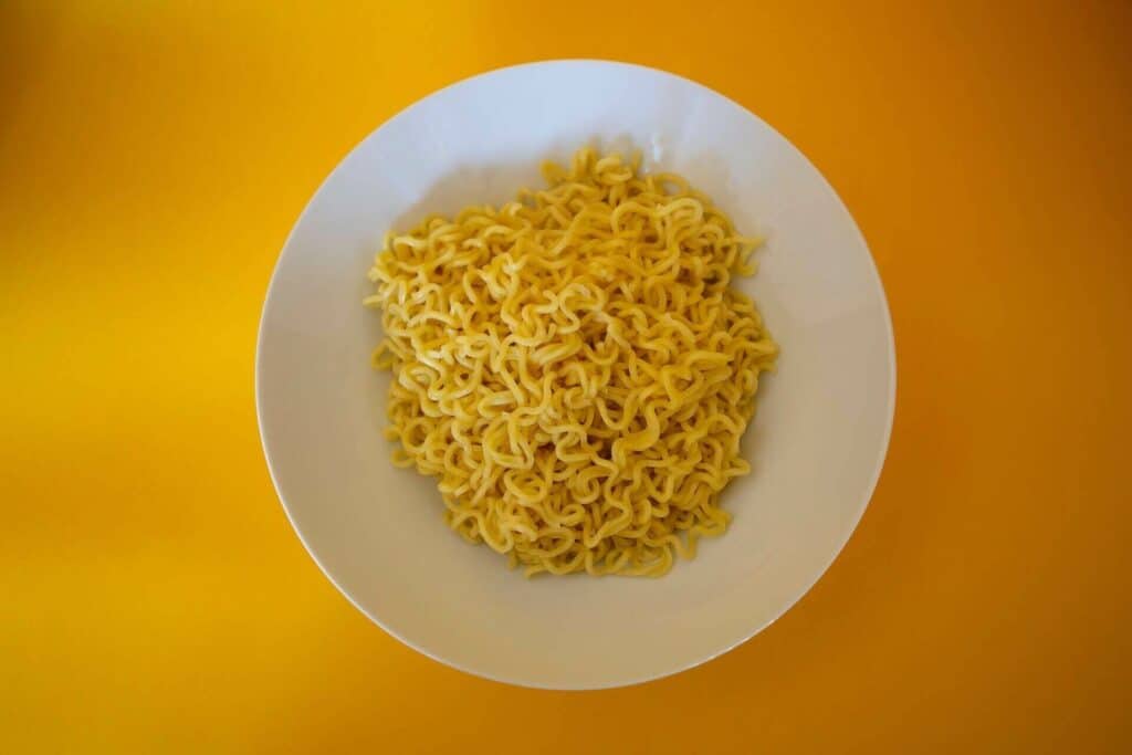 Drained instant noodles in a bowl