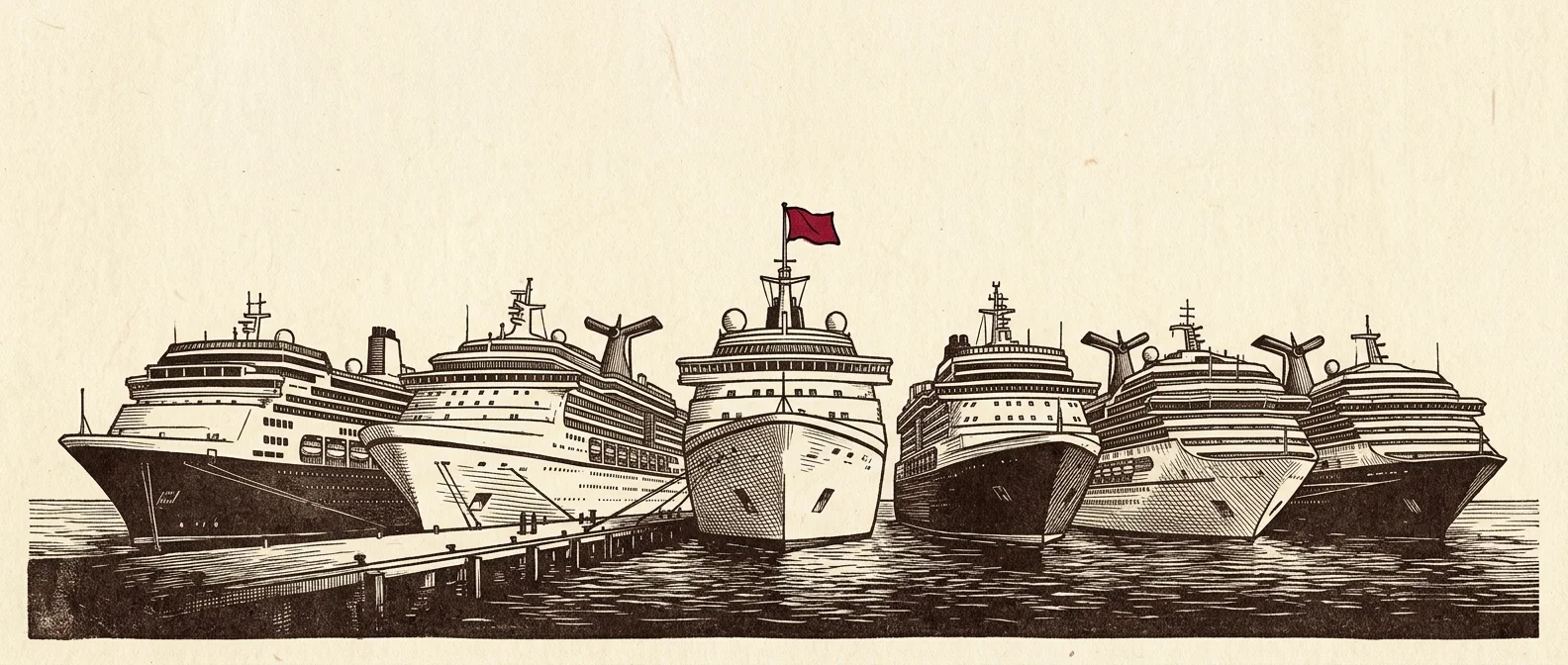 Illustrated lineup of cruise ships at dock, one flying a red flag, comparing cruise lines