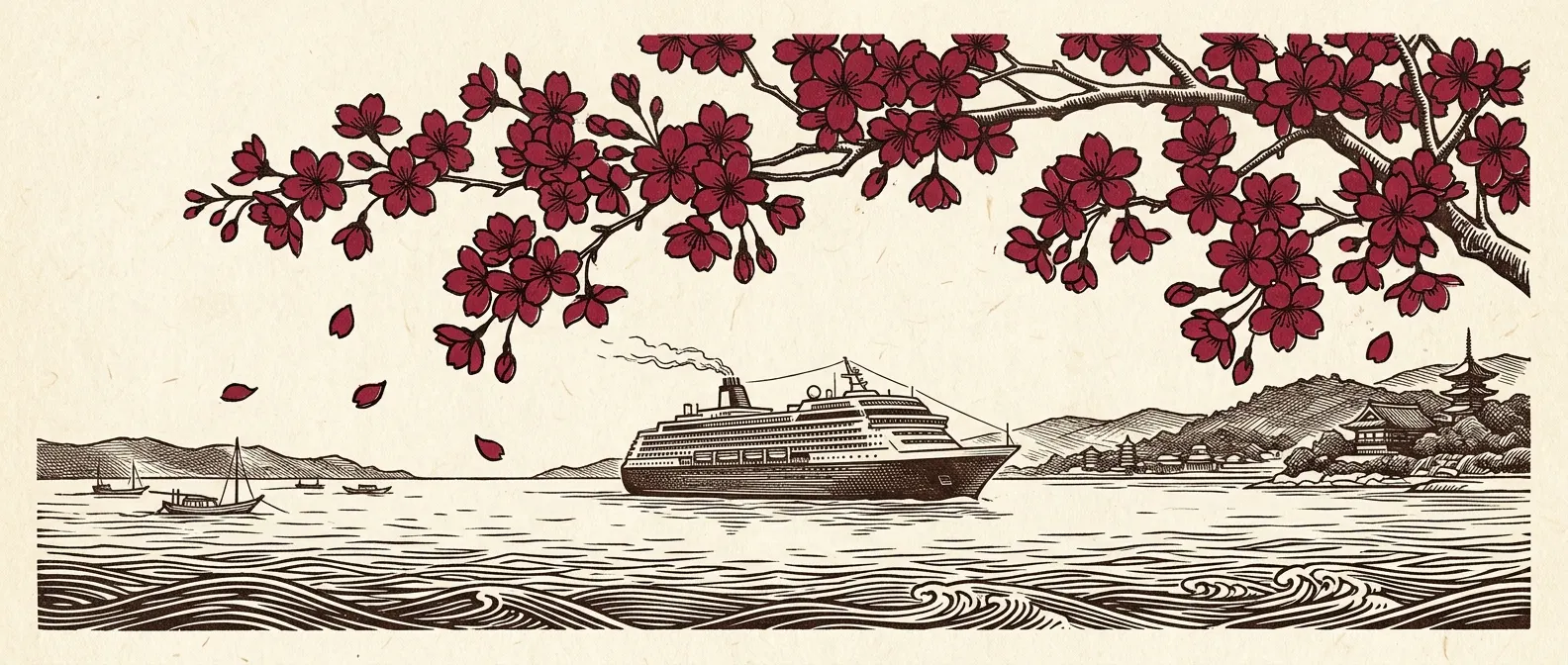 Cruise ship sailing beneath red cherry blossoms, illustrating the best time to cruise Japan