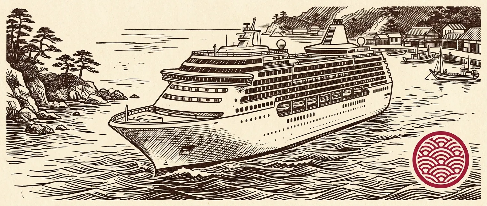 Cruise ship entering a Japanese harbor beside a red wave-pattern seal, illustrating cruise cost