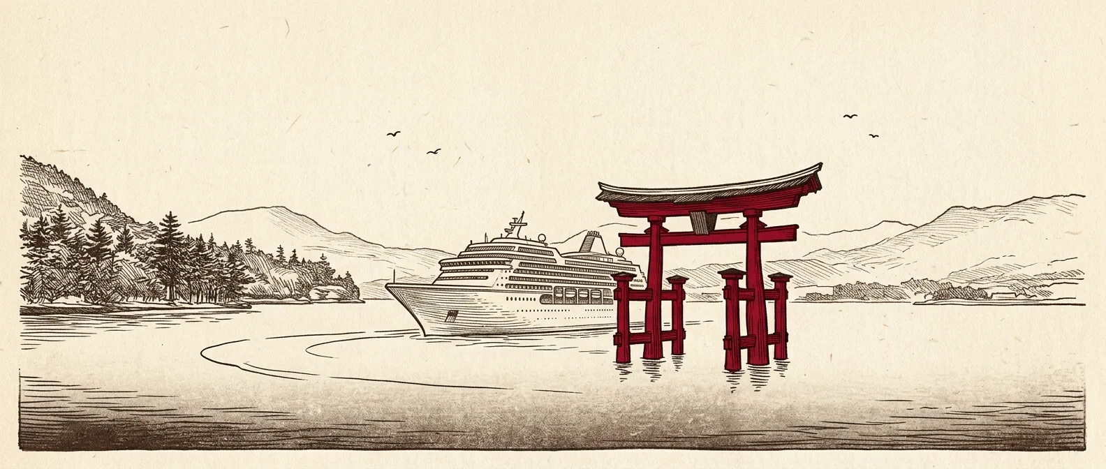 Ink illustration of a cruise ship passing a red torii gate off Japan's coast at dawn