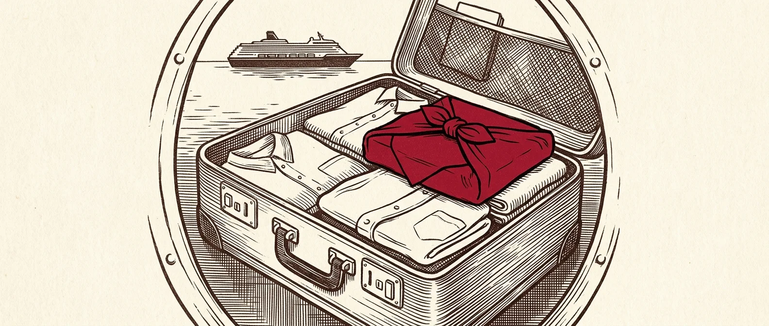 Packed suitcase with a red furoshiki cloth and a cruise ship seen through a porthole