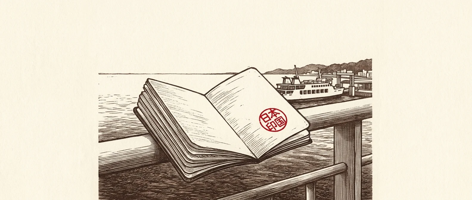 Open passport with a red hanko stamp beside a ferry, illustrating Japan cruise visa rules