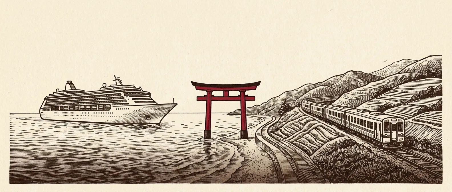 Illustrated cruise ship and train converging at a torii gate, Japan cruise vs independent travel