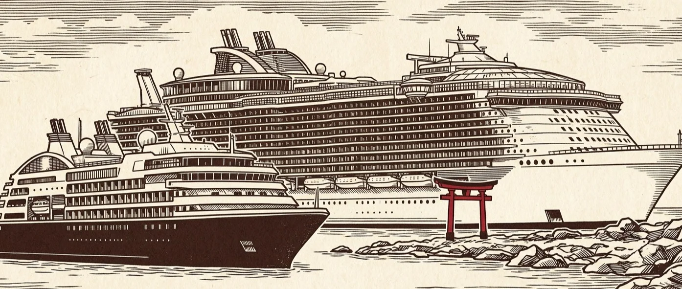 Small boutique cruise ship beside a large ship near a torii gate for size comparison