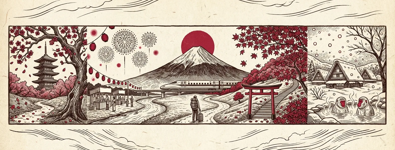 Woodblock illustration of Japan's four seasons around Mt. Fuji: cherry blossom, summer festival, autumn leaves and snow