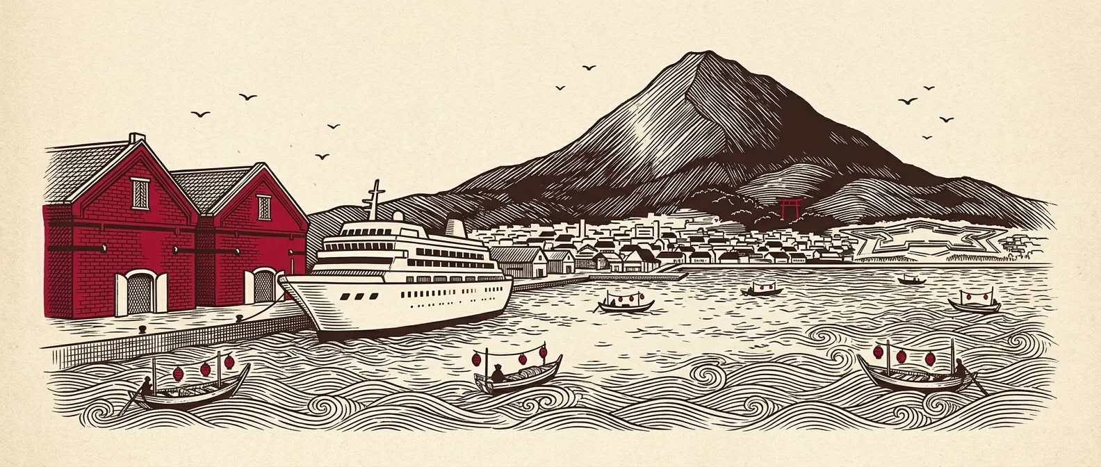 Ink illustration of a cruise ship moored by red-brick warehouses below Mount Hakodate with squid-fishing lanterns in the harbor