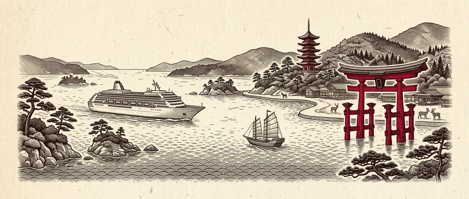 Ink illustration of a cruise ship among pine-covered islands of the Seto Inland Sea with the red Itsukushima torii gate in the water
