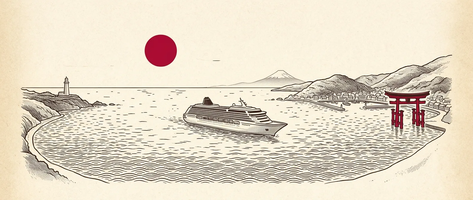 Ink illustration of a cruise ship off a curving Japanese coastline with a red torii gate at the water's edge and Mount Fuji faint on the horizon