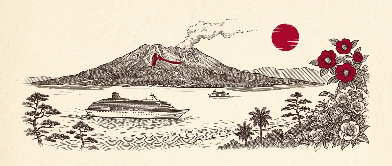 Ink illustration of a cruise ship in Kagoshima Bay with the smoking volcano Sakurajima across the water and a small ferry crossing