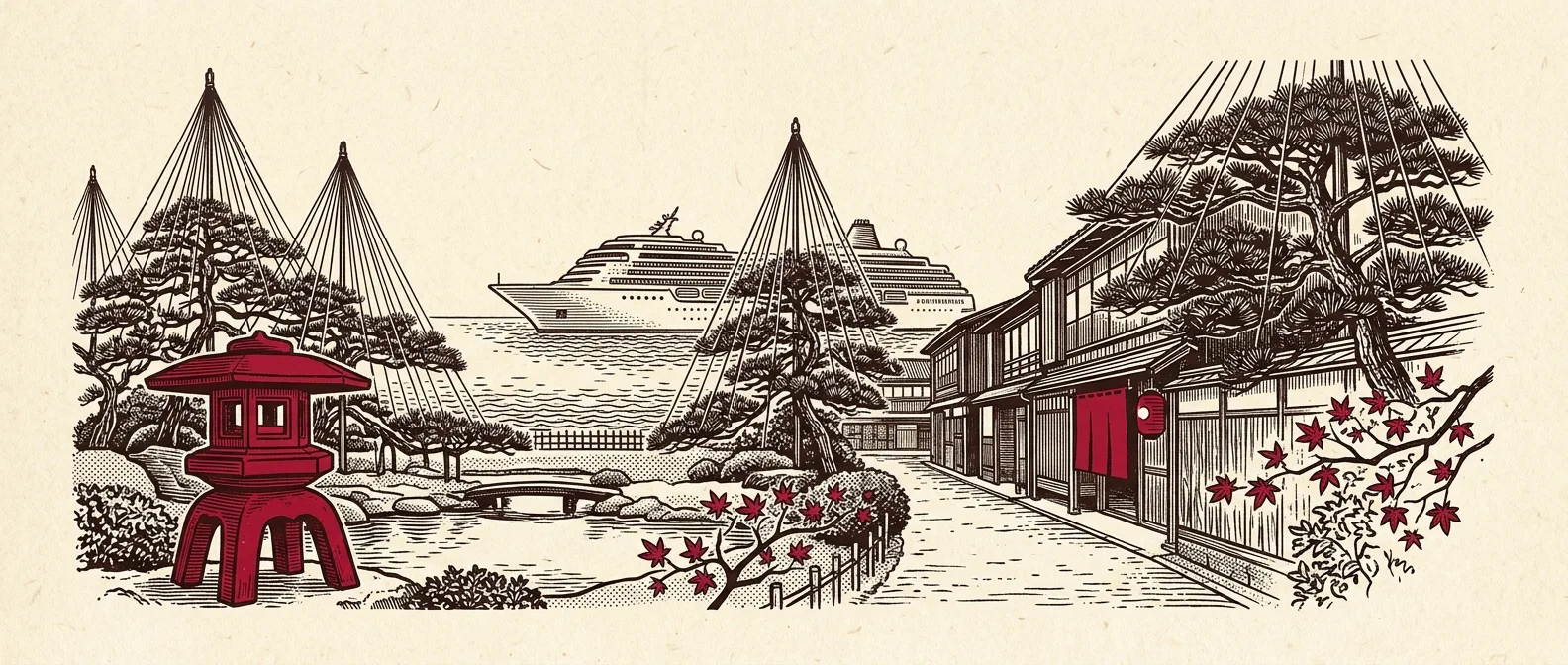 Ink illustration of a cruise ship at Kanazawa's harbor with Kenrokuen's stone lantern, rope-supported pines and a wooden teahouse street in red accents