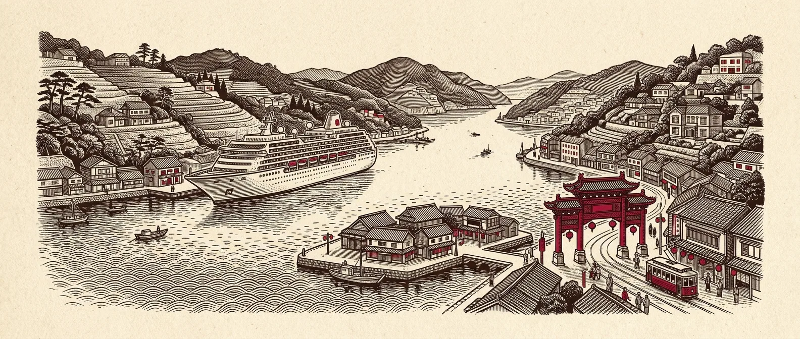 Ink illustration of a cruise ship in Nagasaki's narrow harbor below terraced hills with a red Chinese-style gate in the foreground