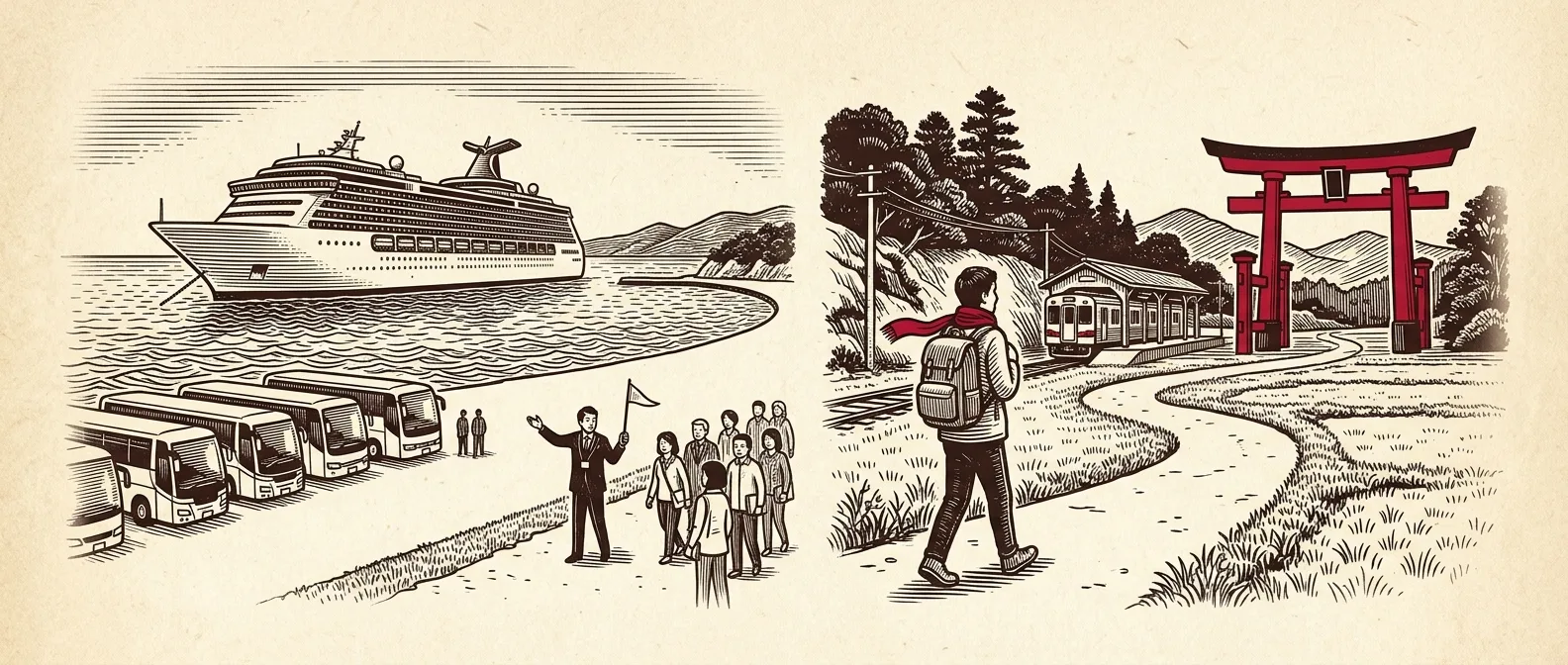 Ink illustration of a tour group leaving a cruise ship on the left and a lone traveler walking to a train station beside a red torii gate on the right