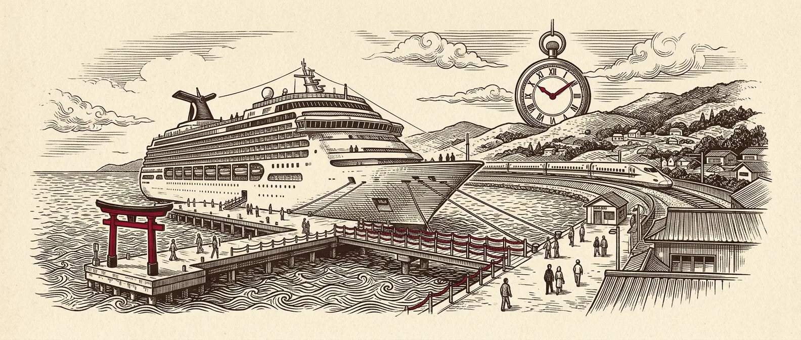 Ink illustration of a cruise ship at the pier with a large clock motif, a bullet train and a small red torii gate
