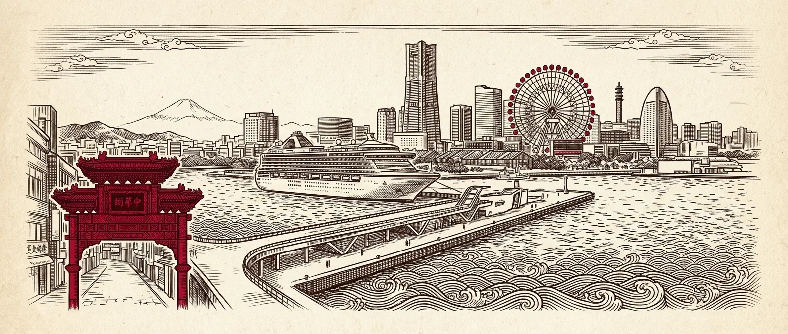 Ink illustration of a cruise ship beside Yokohama's Osanbashi pier with the Ferris wheel and a red Chinatown gate in the foreground