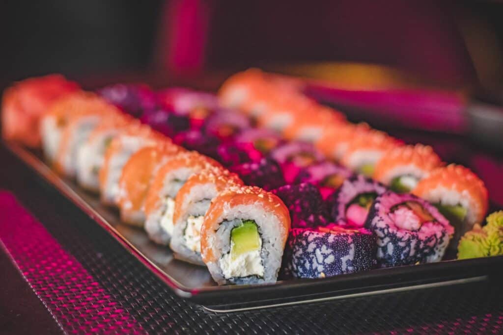 Various sushi rolls served on a plate