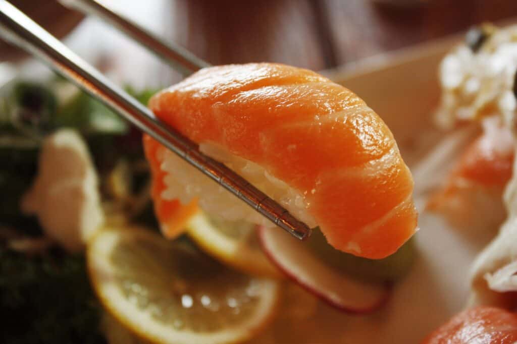 A close-up of a piece of salmon nigiri