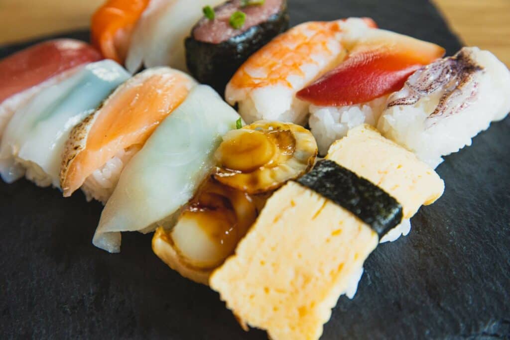 A variety of nigiri pieces plated together