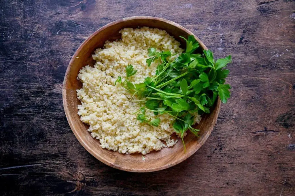 Bowl of rice with herbs