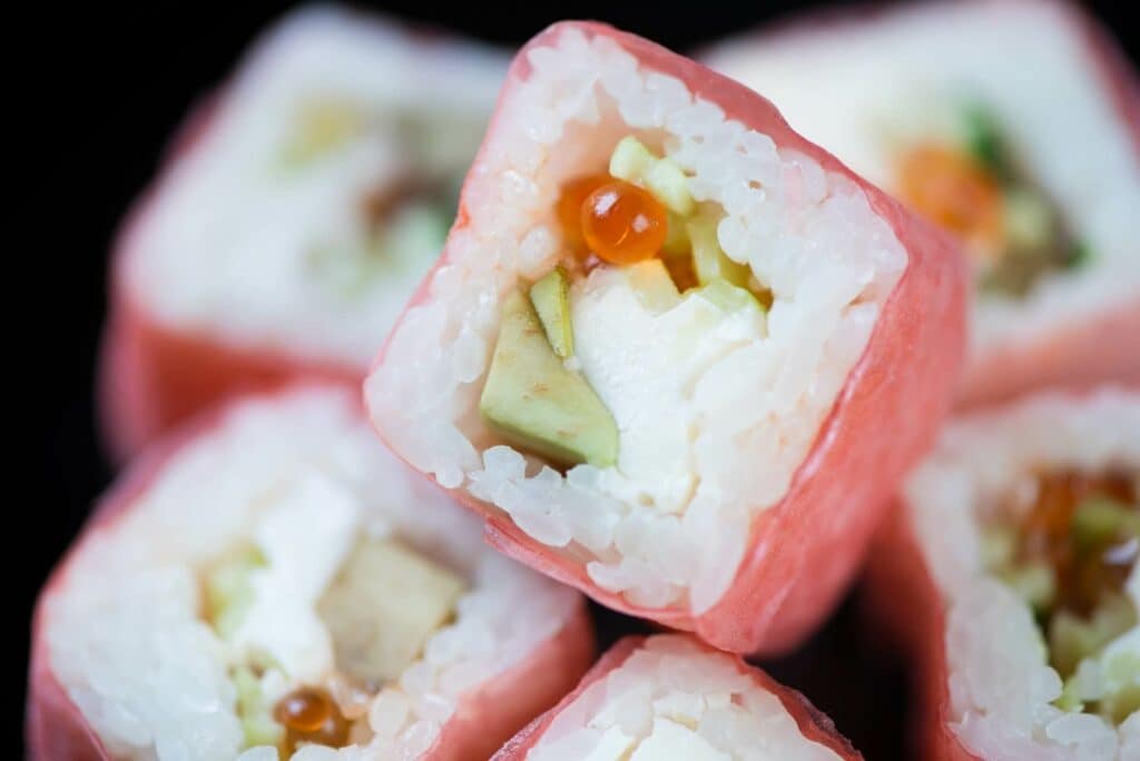 Pink, square-shaped sushi roll