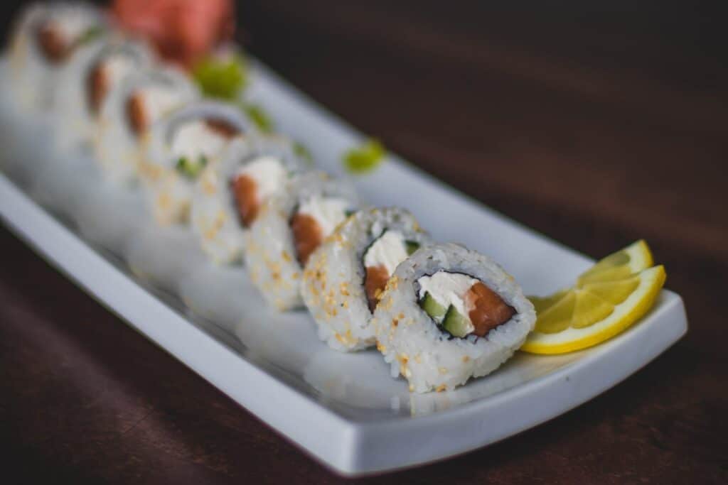 Sushi rolls on a ceramic plate