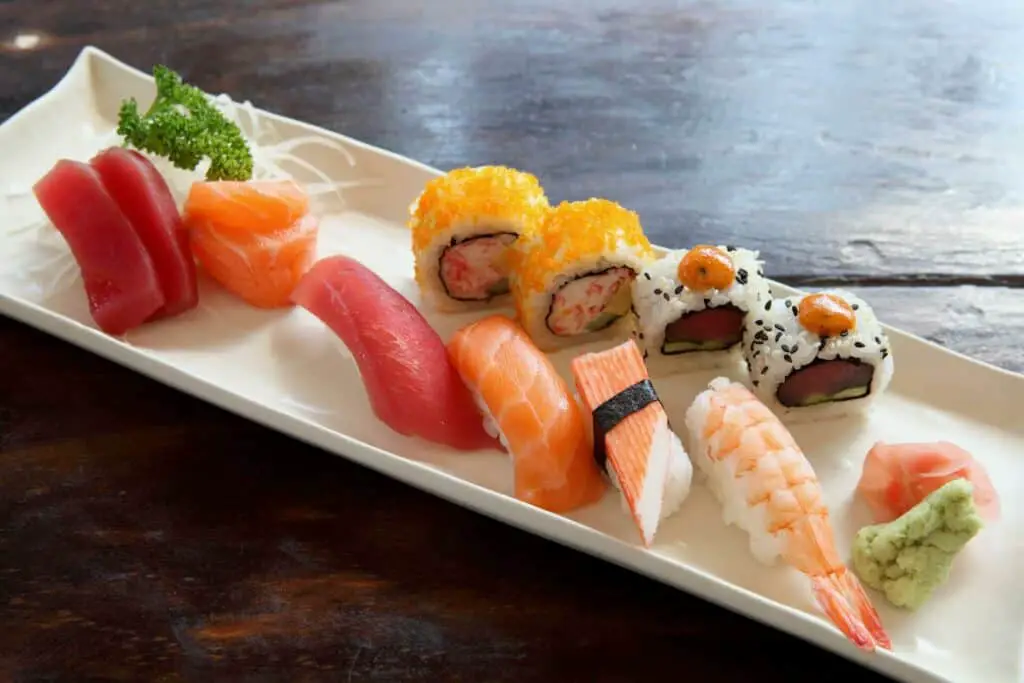 Different types of sushi served on a plate