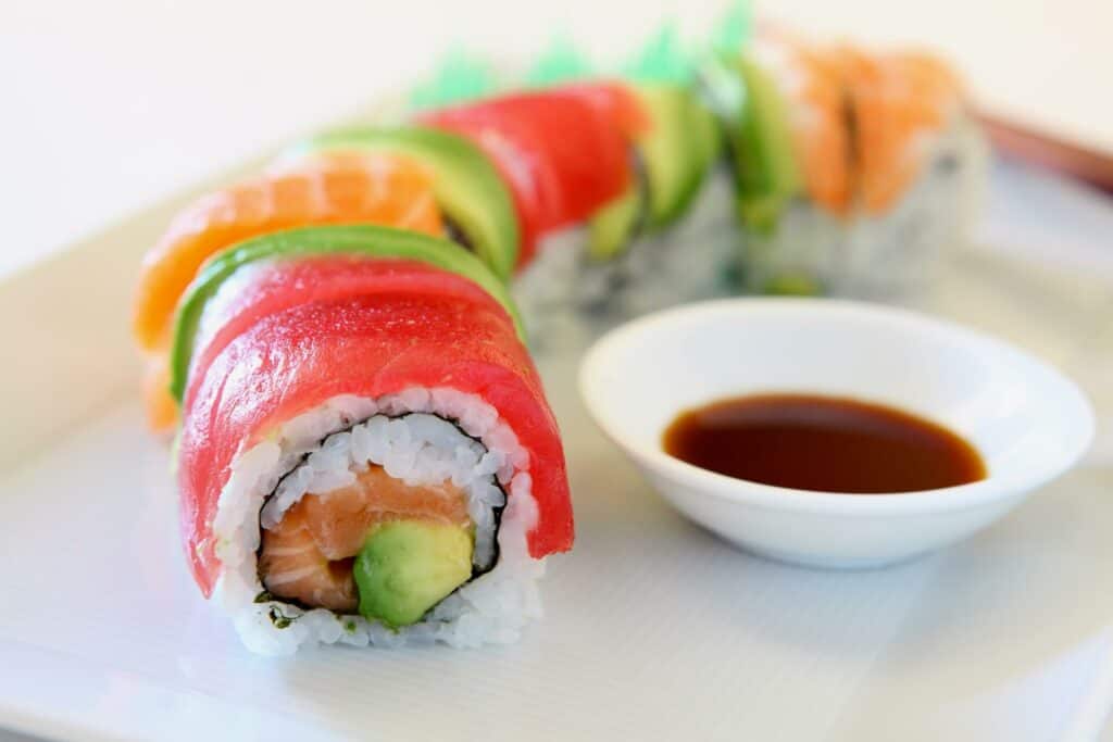 Sushi rolls with soy sauce