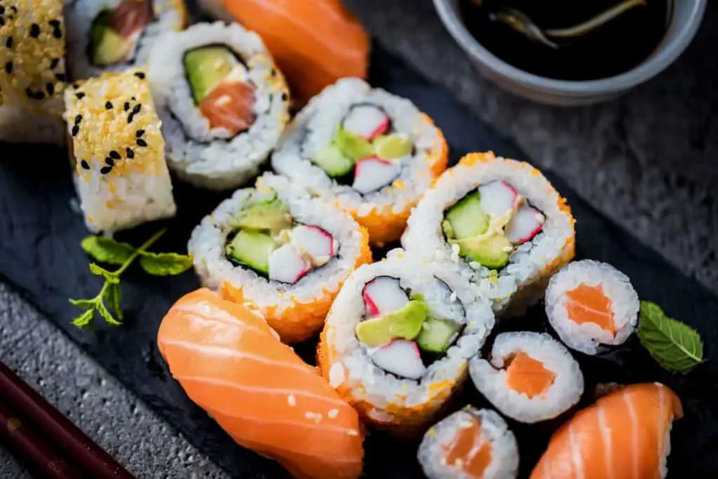 Different sushi kindes served on a platter