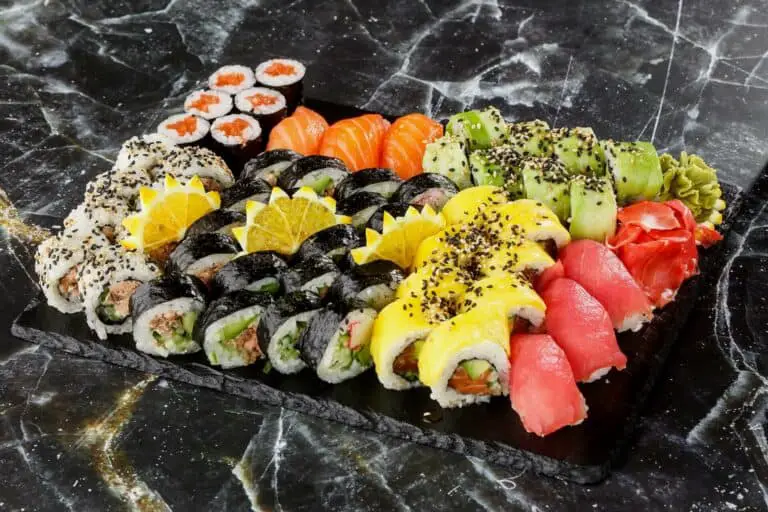 Sushi rolls on a board