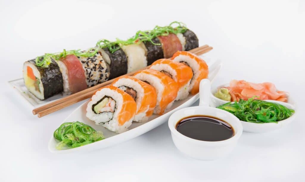 Sushi served with ginger and soy sauce