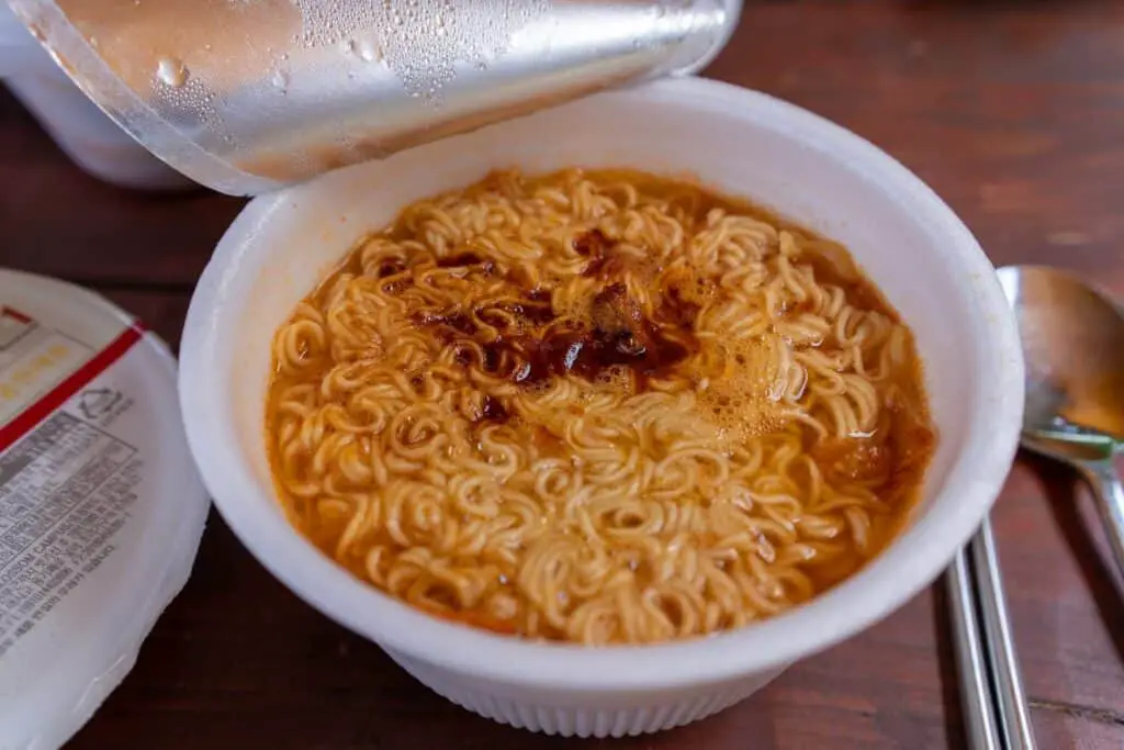 A picture of noodles that were just cooked in the microwave