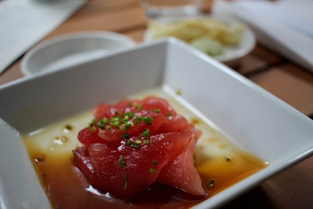 A slice of raw fish covered in sauce and green onions