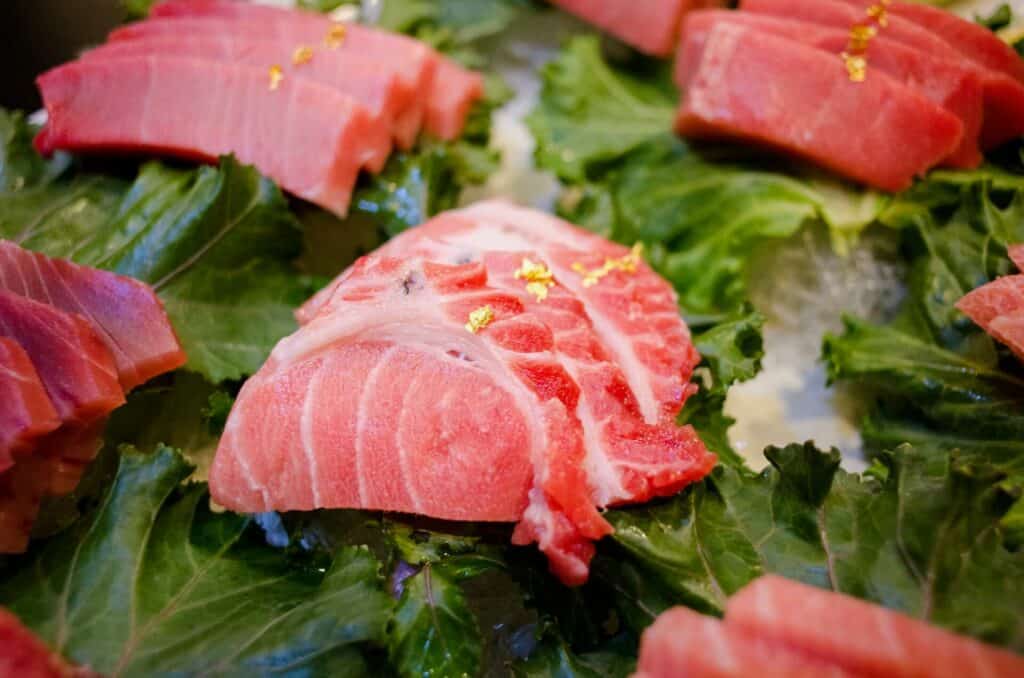 Raw tuna on green leaves