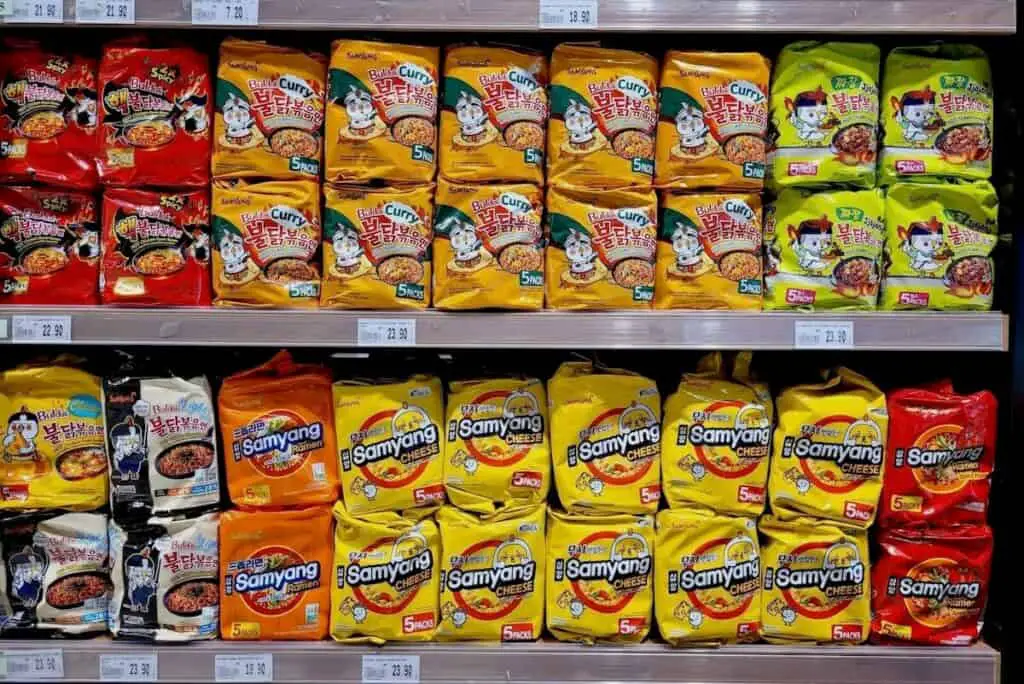 An aisle packed with Samyang noodle packets