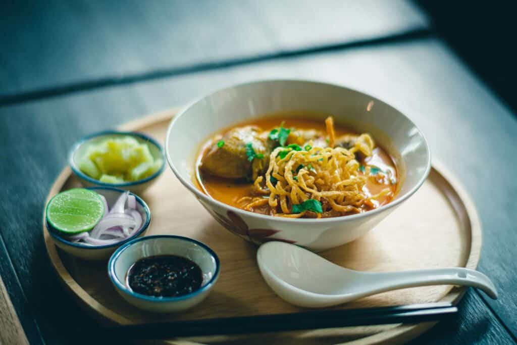 Ramen on a brown tray